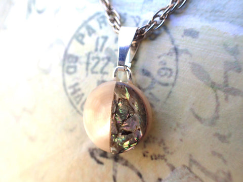 Vintage Inlaid White Mother of Pearl & Abalone Button Pendant Necklace, MOP Button, Half Moon Necklace, Silver 18" Rope Twist Chain, MPN128