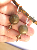 Vintage Army Grey Green Button Earrings, Army Green Crystal Glass Beads, Sterling Silver Leverback Wires, PGE104