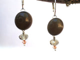 Vintage Army Grey Green Button Earrings, Army Green Crystal Glass Beads, Sterling Silver Leverback Wires, PGE104
