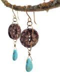 Vintage Button Earrings, Brown Flower Buttons, Turquoise Tear Drop Beads, Hand Made Ear Wires, Spark Joy, PBE110