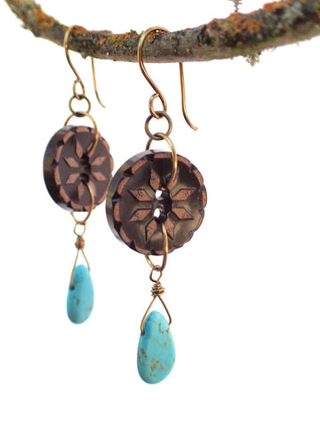 Vintage Button Earrings, Brown Flower Buttons, Turquoise Tear Drop Beads, Hand Made Ear Wires, Spark Joy, PBE110