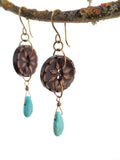 Vintage Button Earrings, Brown Flower Buttons, Turquoise Tear Drop Beads, Hand Made Ear Wires, Spark Joy, PBE110