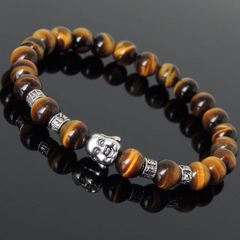 Men's Women Brown Tiger Eye Tibetan Silver Bracelet with Smiling Buddha Bead OM Spacers DiyNotion Handmade T314