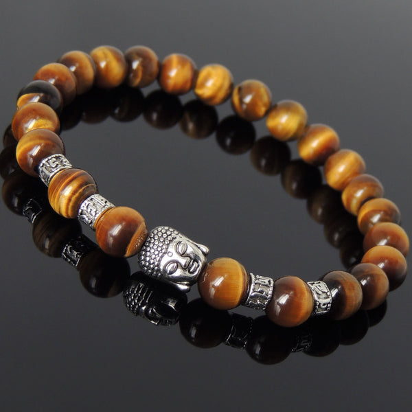 Men's Women Brown Tiger Eye Tibetan Silver Bracelet with Sakyamuni Buddha Bead OM Spacers DiyNotion Handmade T315