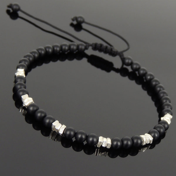 Men's Women Matte Black Onyx Adjustable Braided Bracelet 925 Sterling Silver Nugget Beads DiyNotion BR947