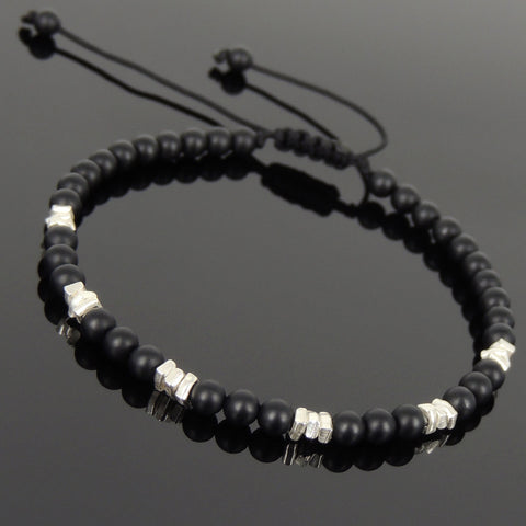 Men's Women Matte Black Onyx Adjustable Braided Bracelet 925 Sterling Silver Nugget Beads DiyNotion BR947
