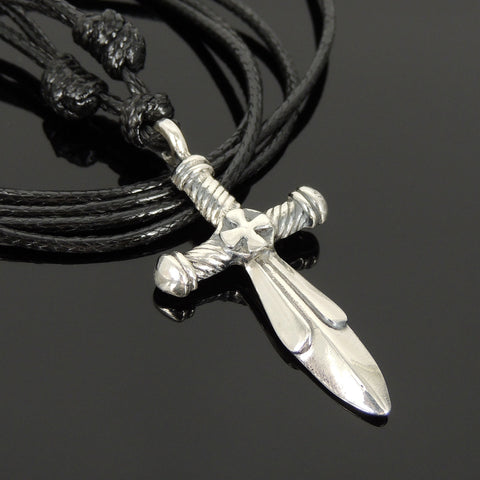 Men's Women Adjustable Necklace 925 Sterling Silver Sword Pendant with Wax Rope DiyNotion NK157