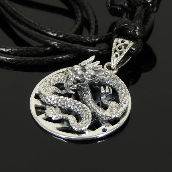 Men's Women Adjustable Necklace 925 Sterling Silver 3D Dragon Pendant with Wax Rope DiyNotion NK161