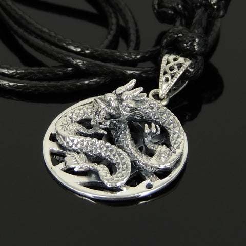 Men's Women Adjustable Necklace 925 Sterling Silver 3D Dragon Pendant with Wax Rope DiyNotion NK161