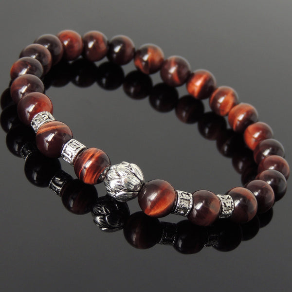 Men's Women Red Tiger Eye Tibetan Silver Bracelet with Lotus Bead OM Spacers DiyNotion Handmade T317