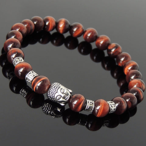Men's Women Red Tiger Eye Tibetan Silver Bracelet with Sakyamuni Buddha Bead OM Spacers DiyNotion Handmade T319