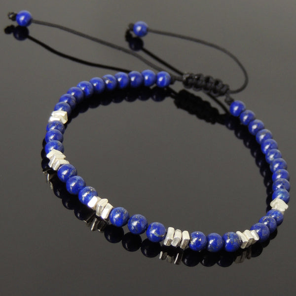 Men's Women Lapis Adjustable Braided Bracelet 925 Sterling Silver Nugget Beads DiyNotion BR950