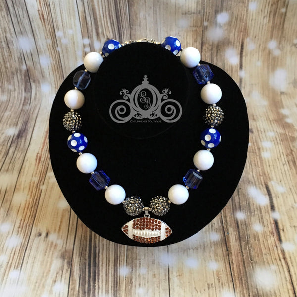 Blue & White Football Chunky Bubblegum Necklace Girl Baby Shower Gift Birthday Outfit Gators