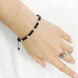 Men's Women Bright Black Onyx Adjustable Braided Bracelet 925 Sterling Silver Nugget Beads DiyNotion BR959