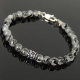 Men's Women Gemstone Black Rutilated Quartz Bracelet 925 Sterling Silver Fleur de Lis Bead & Clasp DiyNotion BR1035