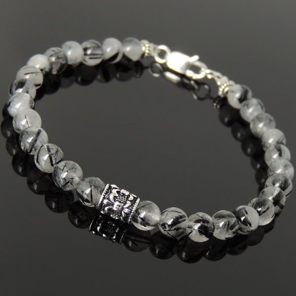 Men's Women Gemstone Black Rutilated Quartz Bracelet 925 Sterling Silver Fleur de Lis Bead & Clasp DiyNotion BR1035