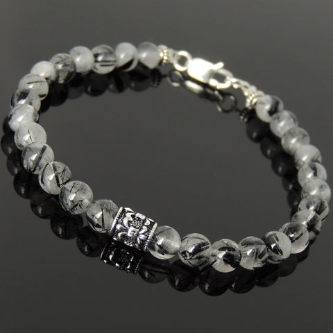 Men's Women Gemstone Black Rutilated Quartz Bracelet 925 Sterling Silver Fleur de Lis Bead & Clasp DiyNotion BR1035