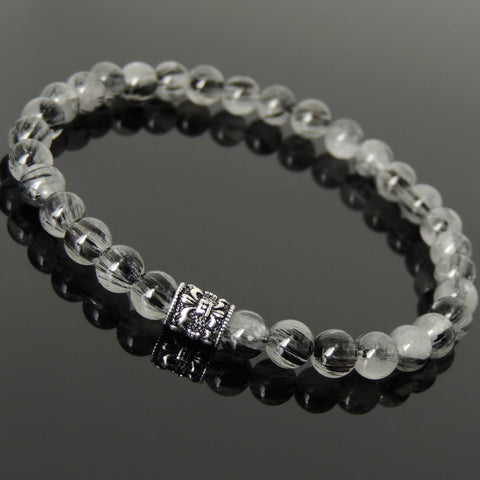 Men's Women Gemstone Black Rutilated Quartz Bracelet 925 Sterling Silver Fleur de Lis Bead DiyNotion BR1035E