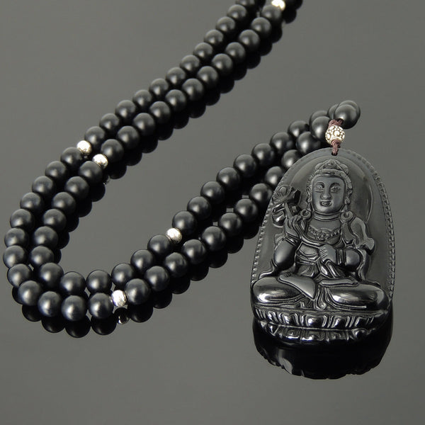 Men's Women Matte Black Onyx Handmade Obsidian Buddha Pendant Necklace with 925 Sterling Silver Beads DiyNotion NK176