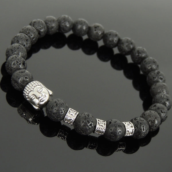 Men's Women Lava Rock Tibetan Silver Bracelet with Buddha Head Bead OM Spacers DiyNotion Handmade T320
