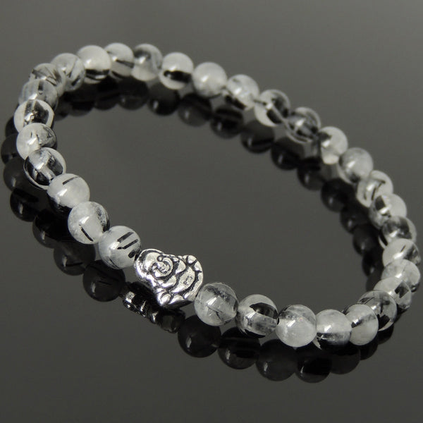 Men's Women Gemstone Black Rutilated Quartz Bracelet 925 Sterling Silver Buddha Bead DiyNotion BR1038