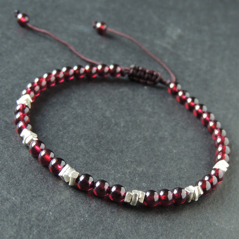 Men's Women AAA Garnet Adjustable Braided Bracelet 925 Sterling Silver Nugget Beads DiyNotion BR958