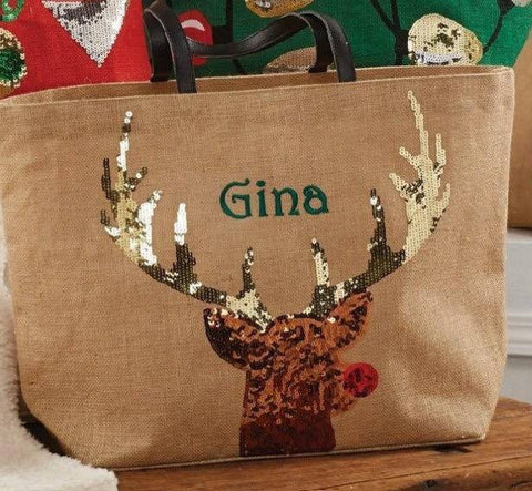 Burlap Sequin Reindeer Tote