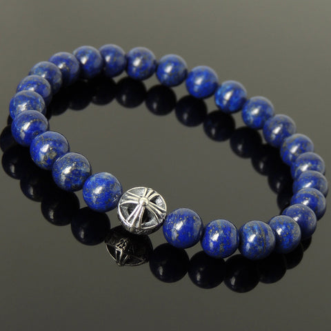 Men's Women Lapis Lazuli Bracelet 925 Sterling Silver Cross Bead DiyNotion Handmade BR303