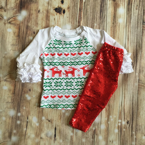 Reindeer Icing Ruffle Raglan & Sequin Pants Set