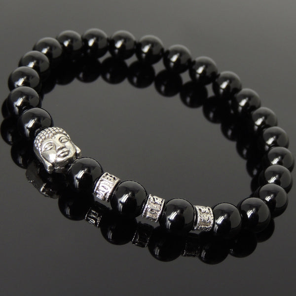 Men's Women Bright Black Onyx Tibetan Silver Bracelet with Buddha Head Bead OM Spacers DiyNotion Handmade T324