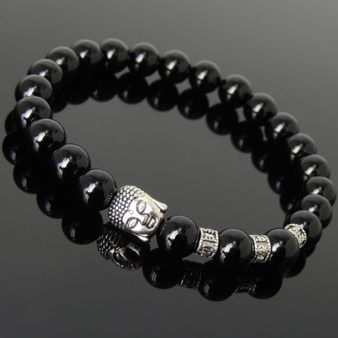 Men's Women Bright Black Onyx Tibetan Silver Bracelet with Sakyamuni Buddha Head Bead OM Spacers DiyNotion Handmade T327