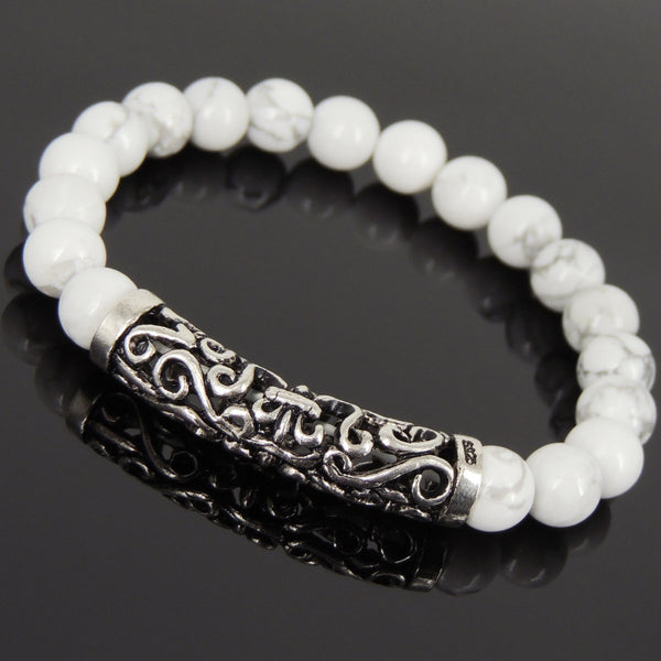 Men Women White Howlite Bracelet 925 Stamp Sterling Silver Lucky Charm DiyNotion Handmade BR974