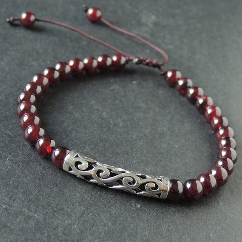 Men's Women Garnet Adjustable Braided Bracelet 925 Stamp Sterling Silver Lucky Charm DiyNotion BR982