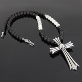 Men's Women Lava Rock White Howlite Necklace 925 Sterling Silver Big Cross DiyNoion Handmade NK101