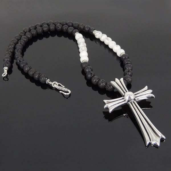 Men's Women Lava Rock White Howlite Necklace 925 Sterling Silver Big Cross DiyNoion Handmade NK101