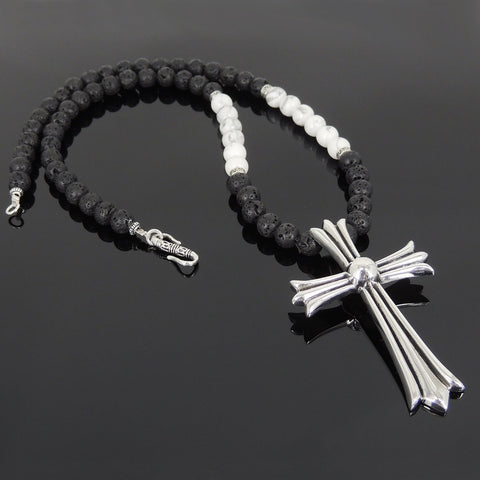 Men's Women Lava Rock White Howlite Necklace 925 Sterling Silver Big Cross DiyNoion Handmade NK101