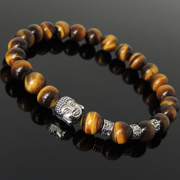 Men's Women Brown Tiger Eye Tibetan Silver Bracelet with Buddha Bead OM Spacers DiyNotion Handmade T332