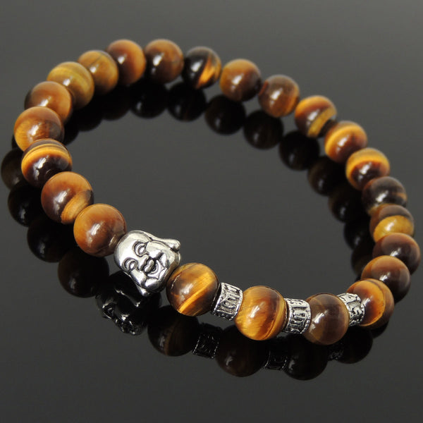 Men's Women Brown Tiger Eye Tibetan Silver Bracelet with Smiling Buddha Bead OM Spacers DiyNotion Handmade T334