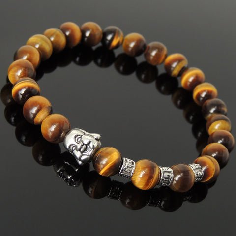 Men's Women Brown Tiger Eye Tibetan Silver Bracelet with Smiling Buddha Bead OM Spacers DiyNotion Handmade T334