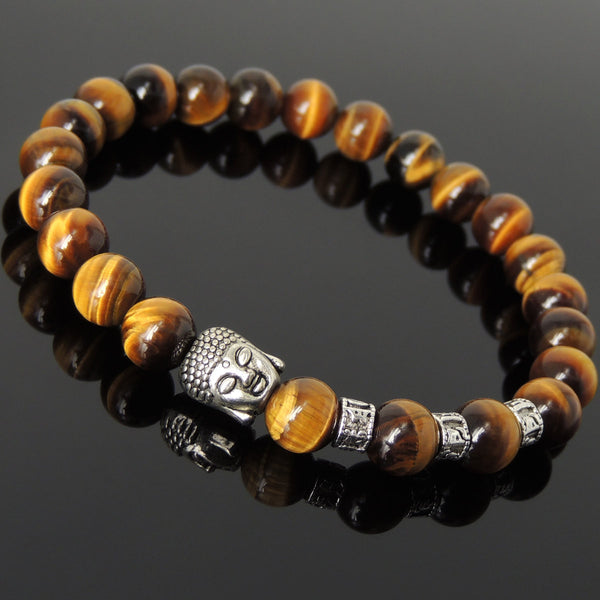 Men's Women Brown Tiger Eye Tibetan Silver Bracelet with Sakyamuni Buddha Bead OM Spacers DiyNotion Handmade T335