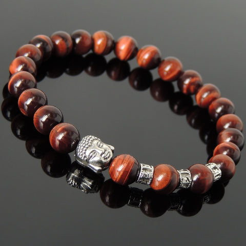 Men's Women Red Tiger Eye Tibetan Silver Bracelet with Buddha Bead OM Spacers DiyNotion Handmade T336
