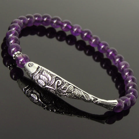Women's Amethyst Bracelet with 925 Sterling Silver Lotus Fish Spacers DiyNotion Handmade BR073