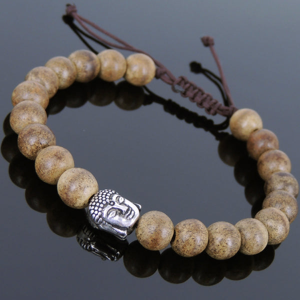 Men's Women Agarwood Adjustable Braided Bracelet 925 Sterling Silver Buddha Head BeadDiyNotion BR868