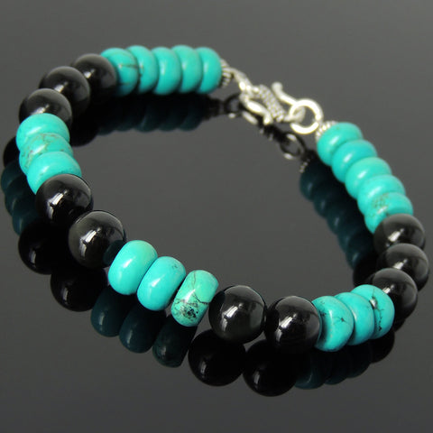 Men Women Black Obsidian Turquoise Bracelet 925 Sterling Silver Clasp DiyNotion BR449
