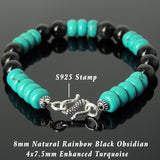 Men Women Black Obsidian Turquoise Bracelet 925 Sterling Silver Clasp DiyNotion BR449