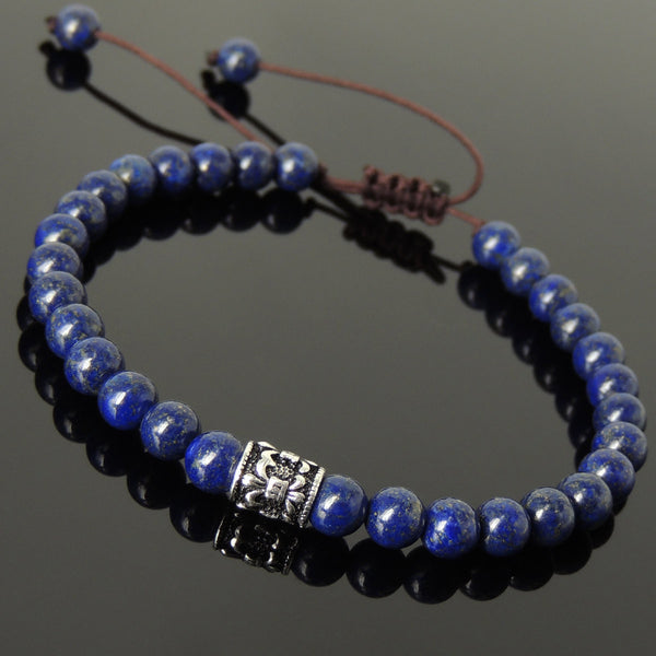 Men's Women Lapis Lazuli Adjustable Braided Bracelet 925 Sterling Silver Fleur de Lis Bead DiyNotion BR771