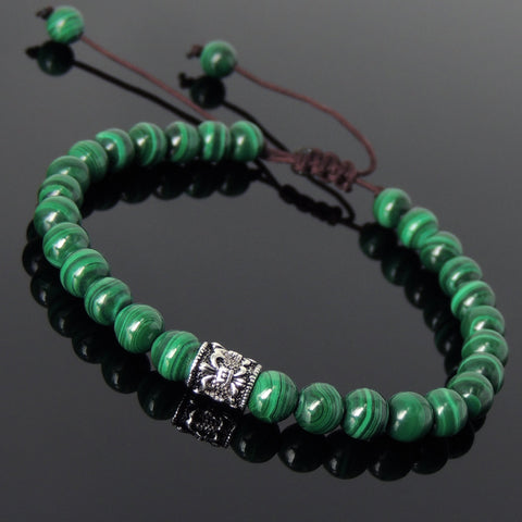 Men's Women Malachite Adjustable Braided Bracelet 925 Sterling Silver Fleur de Lis Bead DiyNotion BR772