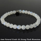 Men's Women Gemstone Strong Flash Moonstone Bracelet 925 Sterling Silver Fleur de Lis Bead DiyNotion BR1041
