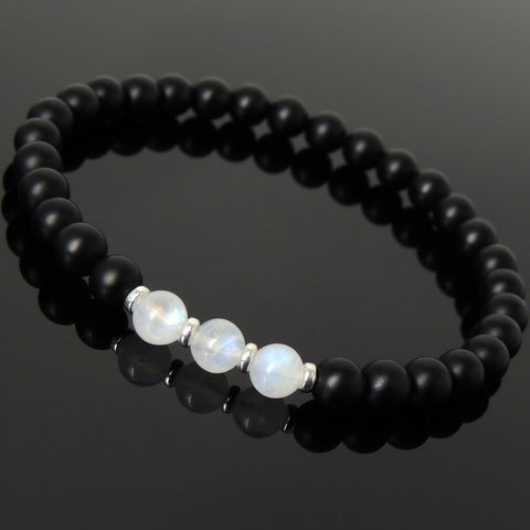 Men's Women Matte Black Onyx Strong Flash Moonstone Bracelet 925 Sterling Silver Spacers DiyNotion BR1043