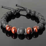 Men's Women Lava Rock Red Tiger Eye Adjustable Braided Bracelet Tibetan Silver Spacers DiyNotion TSB270